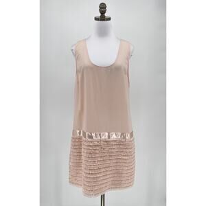 Erin Fetherston Anthropologie Pink Fringe Hem Scoop Neck Sleeveless Dress Sz 12